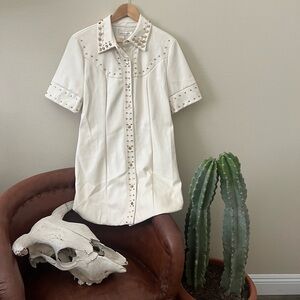 Studded Faux Leather White Western Shirt Dress